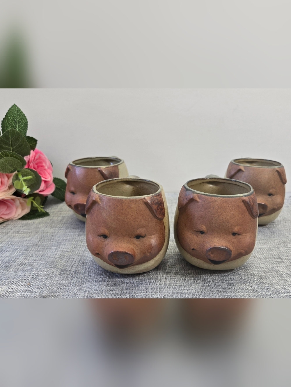 Vintage Set Of 4 Lauren UCCTI Made In Japan 3D Smiling Pig Face Stoneware Mugs